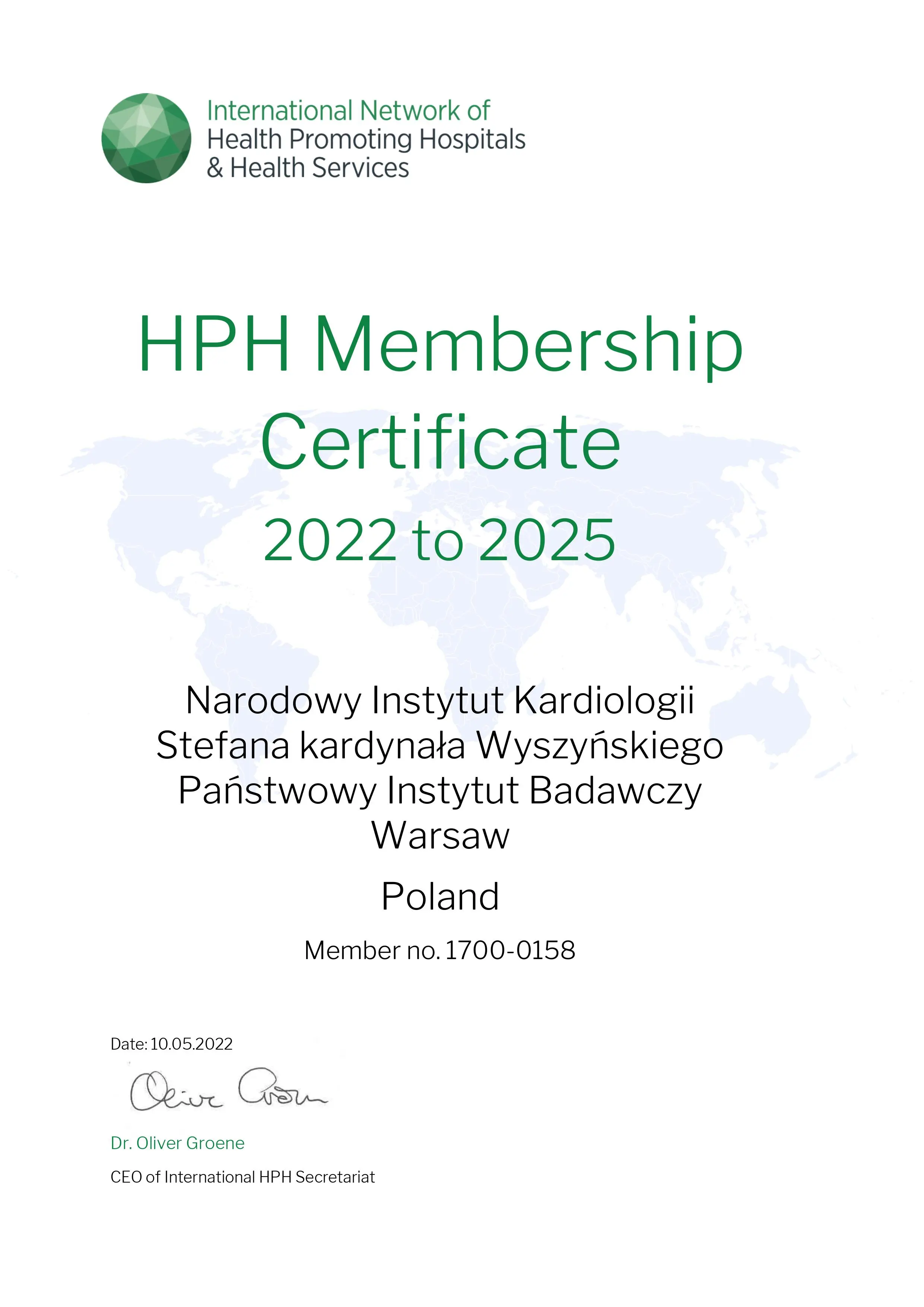 Certyfkat HPH Membership Certificate 2017-2020